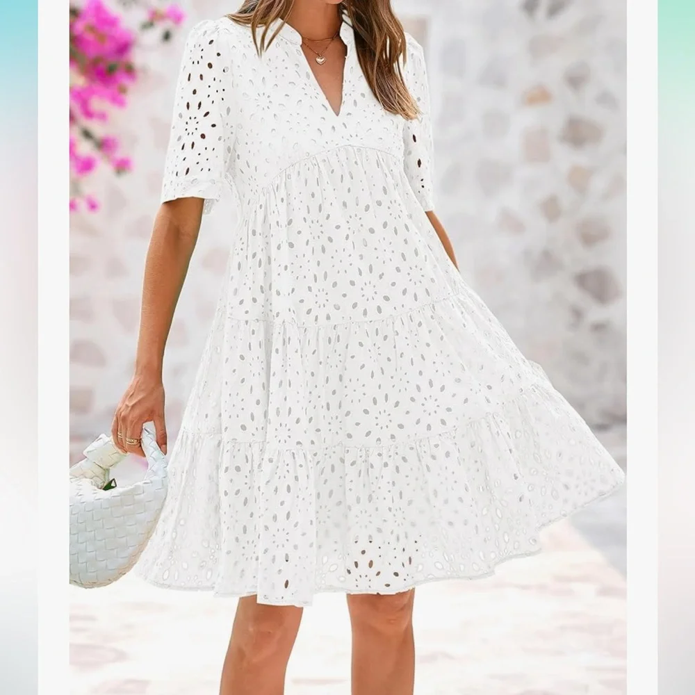 BTFBM size XLarge Boho Dress Resort V Neck Short Sleeve White Cut Out Lace $58 - Picture 3 of 10